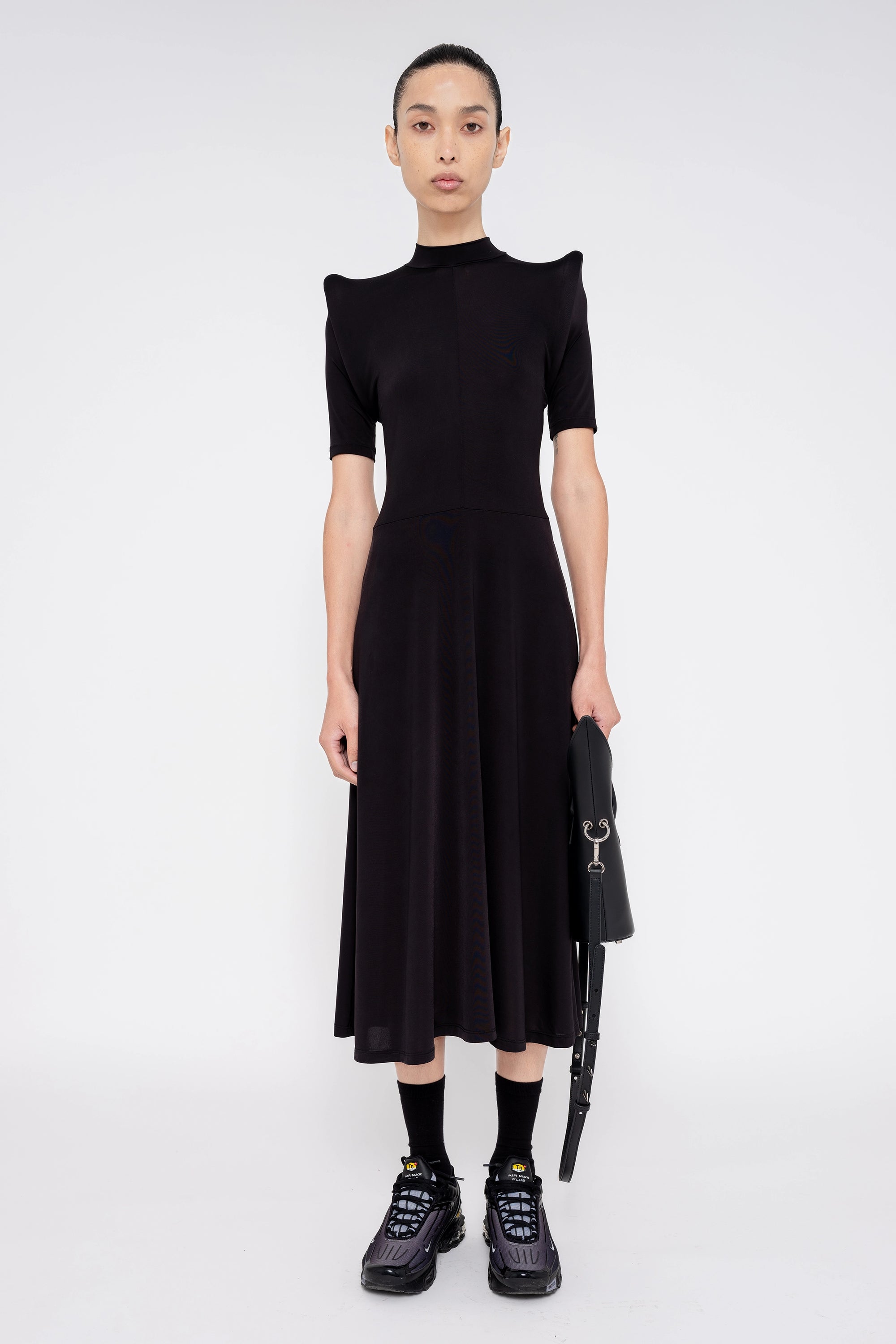 BLACK SPONGY SHOULDER DRESS