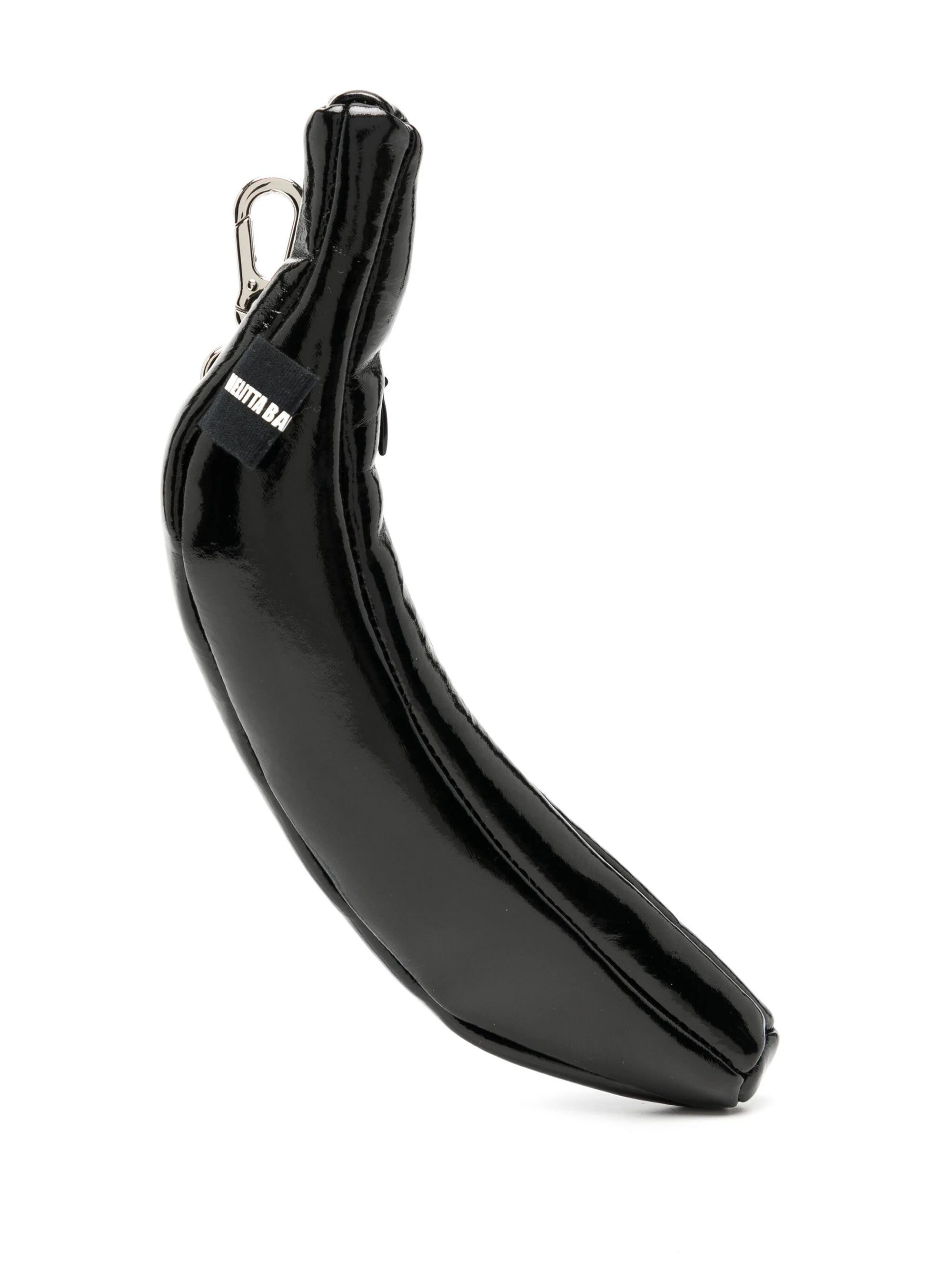 black-glossy-banana-shaped-bag-with-silver-key-ring-and-logo-tag