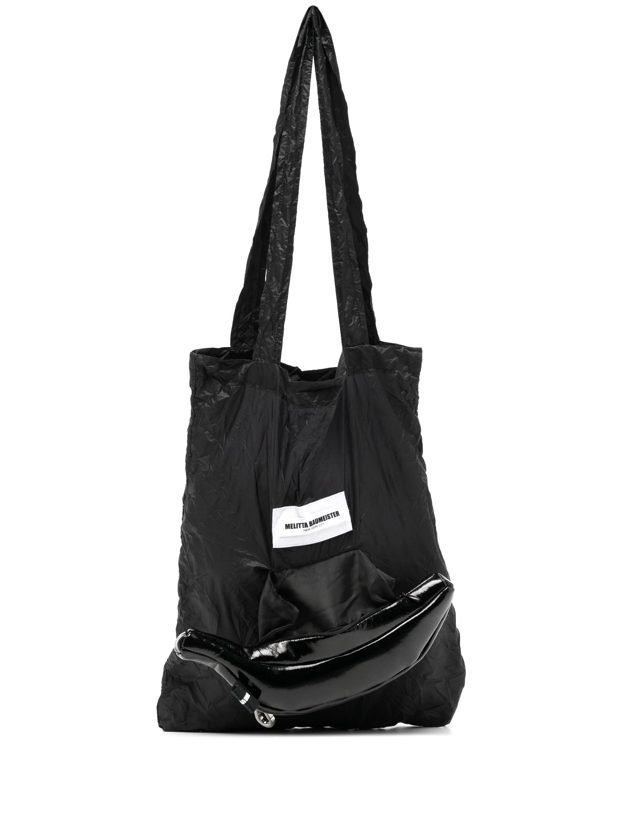 black-glossy-banana-shaped-bag-with-silver-key-ring-and-logo-tag-unzipped-tote-bag-revealed-black-nylon